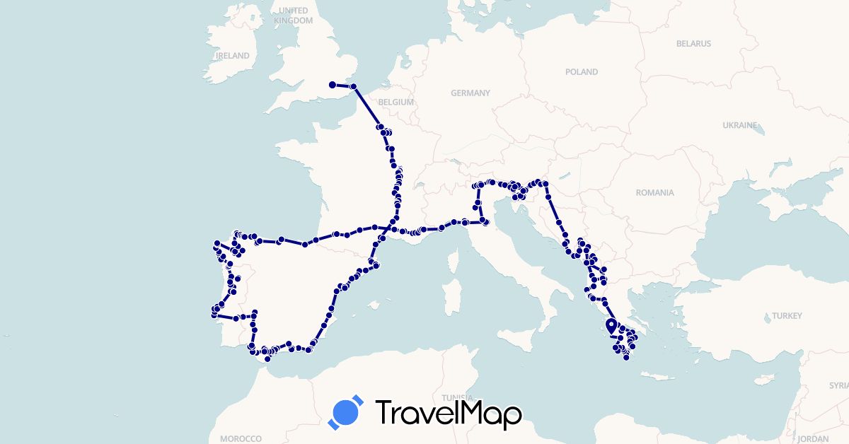TravelMap itinerary: driving in Albania, Bosnia and Herzegovina, Spain, France, United Kingdom, Greece, Croatia, Italy, Montenegro, Macedonia, Portugal, Slovenia (Europe)